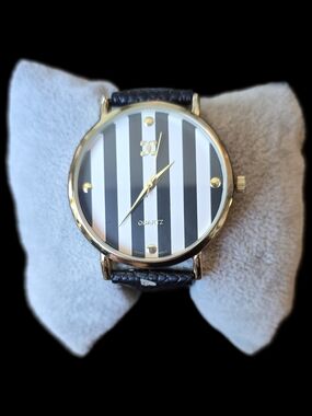 Charming Charlie Gold Case Black & White Striped Women’s Watch